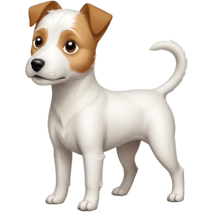 a full body slightly chubby white parson russell terrier looking dog the size of a kelpie with light brown long ears and a light brown patch on one eye and a large snout emoji