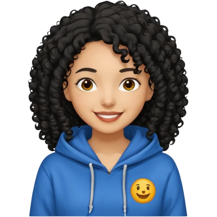 A women with a black curly hair who wear a hoodie and that hoodie have a some smorf emoji