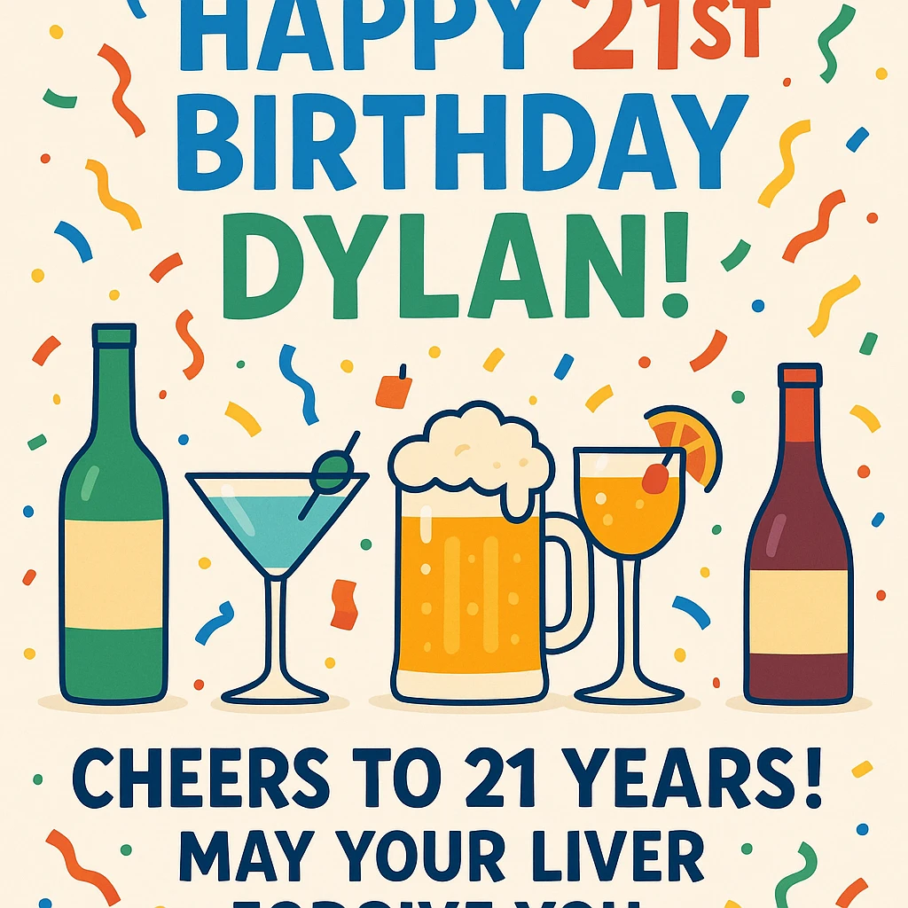 Funny digital birthday card for Dylan's 21st birthday featuring a big headline 'Happy 21st Birthday Dylan!' with lots of booze graphics including bottles, cocktails, and beer mugs, confetti, playful and bright colors, bold sans-serif fonts, and a funny message saying 'Cheers to 21 years! May your liver forgive you.' emoji
