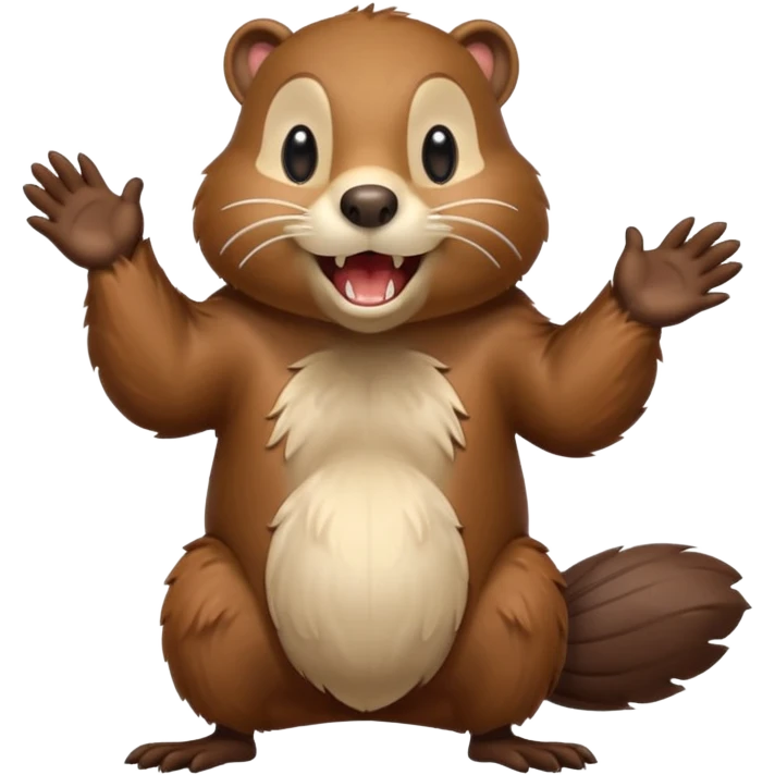  A crazy beaver is standing on its hind legs with its front paws stretched out in front of it. It has a brown fur coat with white fur around its eyes and nose. mouth is open, revealing sharp teeth. More craziness emoji
