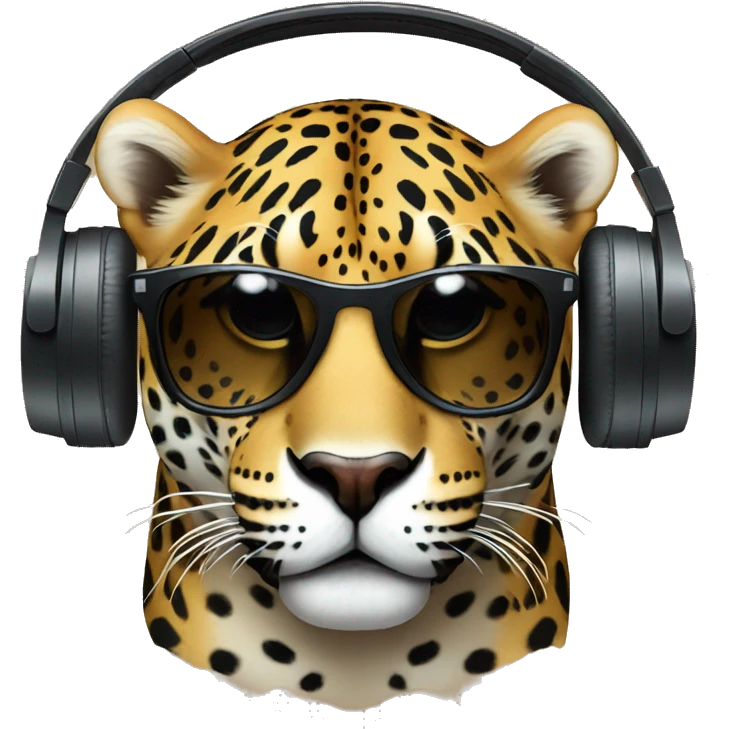 jaguar dj, round emoji face, looking forward, wearing cool sunglasses, wearing over-ear headphones on top of head emoji