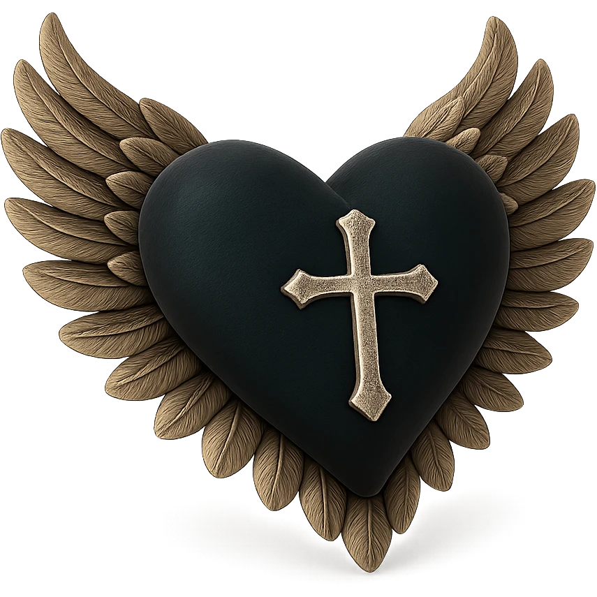 gothic heart in 3D black style, dark emerald velvet, silver cross, feather details, lush and gothic emoji
