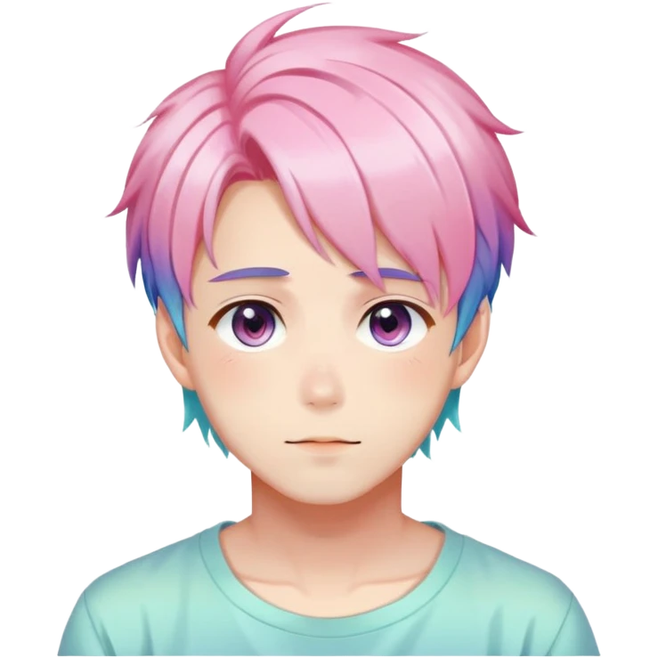 Gorgeous romantic anime style shojo man with blushing face aesthetic and pretty colorful shiny gradient pastel hair trending style emoji