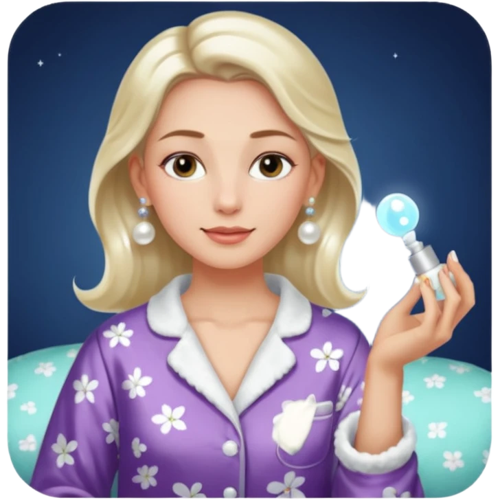 Clean girl aesthetic emoticons, apply skincare products, pearl earrings, glowing skin, pajamas, soft lighting emoji