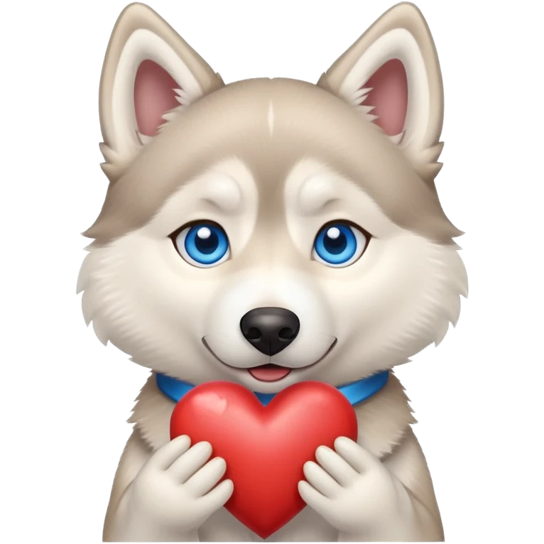 Beige husky with blue eyes holding a big heart emoji
