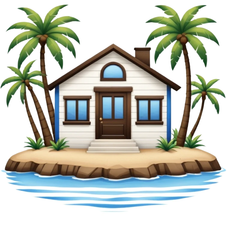 A full square 1 by 1   white and blue stripe house horizontally with brown wooden door on a island with palm trees  emoji