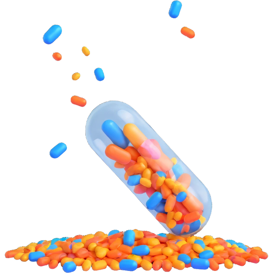 3D-rendered medical capsule split open in the middle with glossy orange and blue colors, colorful shiny multicolored confetti bursting out like a celebration emoji, confetti suspended in mid-air, joyful dynamic explosion, playful high-quality 3D style, floating capsule emoji