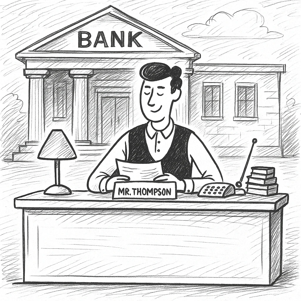 Add a bank building background to the bank manager in a doodle style, hand drawn and sketchy with simple lines and shading. emoji
