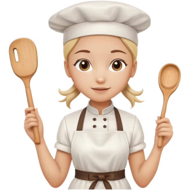 Young female pastry chef - single ponytail, apron, wearing a white hat, holding a rolling pin emoji