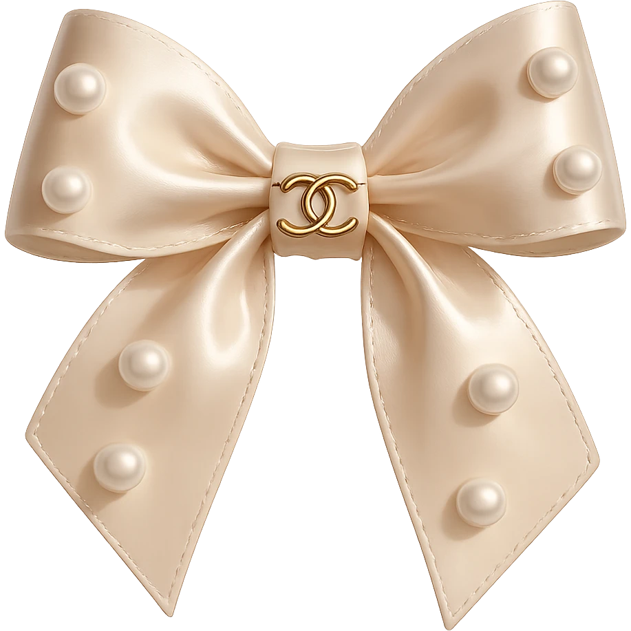 Remove the background, keep only the elegant bow with pearls and gold Chanel logo, glossy, pastel colors, realistic style, with no background. beige emoji