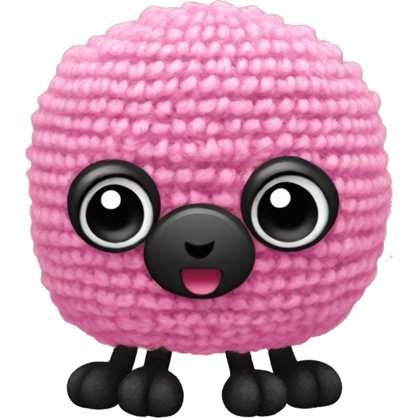 A small pink crocheted creature with a rectangular body, big black eyes, a small black smile, long thin arms and legs, and slightly red cheeks. emoji