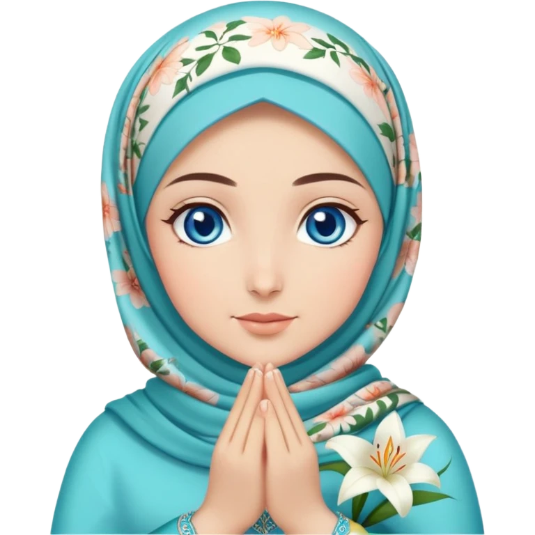 Turkish beautiful finish Konya girl blue eyes with lilies floral hijab dress islamic dress and had on her hand text Eid Mubarak  emoji