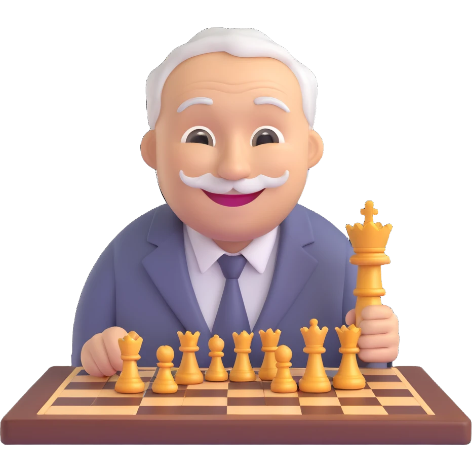 3D smiley emoji, round shape, grandfather with chessboard, gray color, smiling face emoji