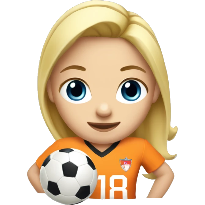 Soccer player girl with blond hair wearing an orange jersey with #18 emoji