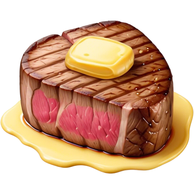 Cinematic thick-cut steak, perfectly seared with grill marks, a juicy pink center, butter melting on top, rich and savory, warm glow, sizzling and mouthwatering, highly detailed and appetizing. emoji