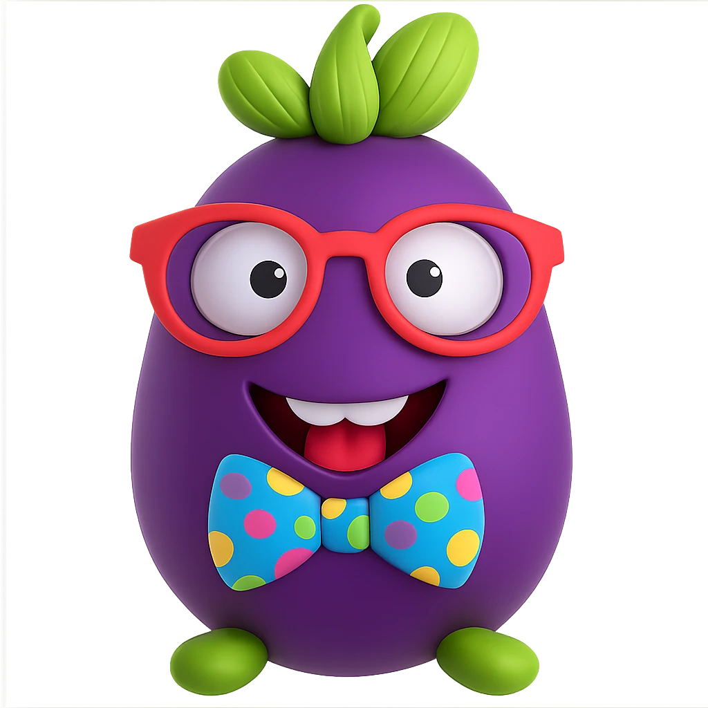 Add a colorful bow tie to the eggplant with nerdy glasses and goofy teeth, keep the background transparent. Maintain the original style and transparent background. emoji