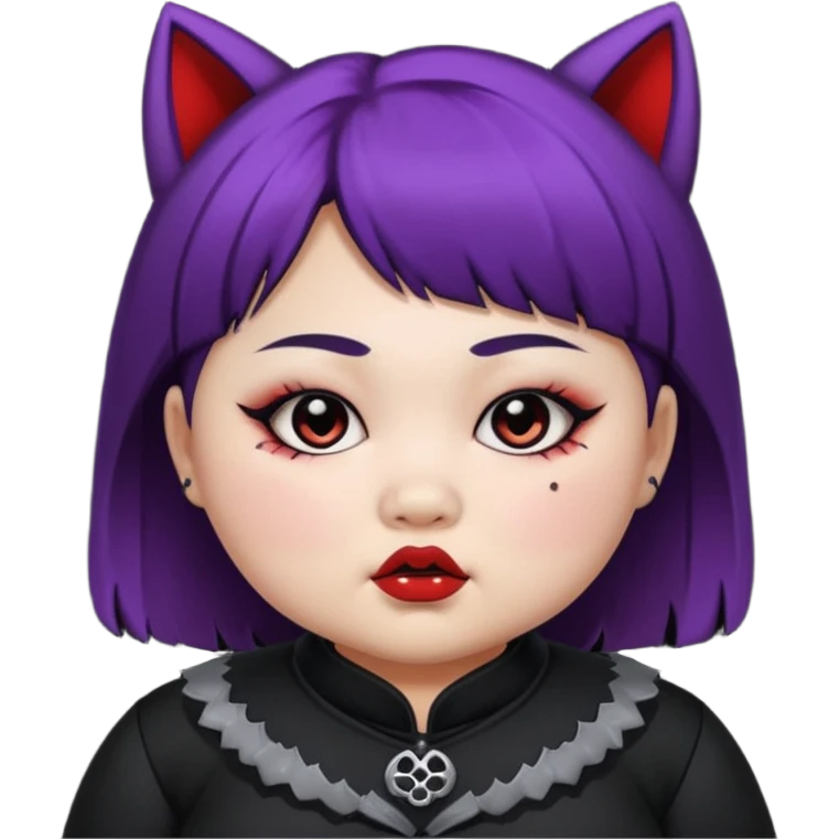 chubby Asian girl, 14, wolf cut, baby face, goth makeup and outfit emoji