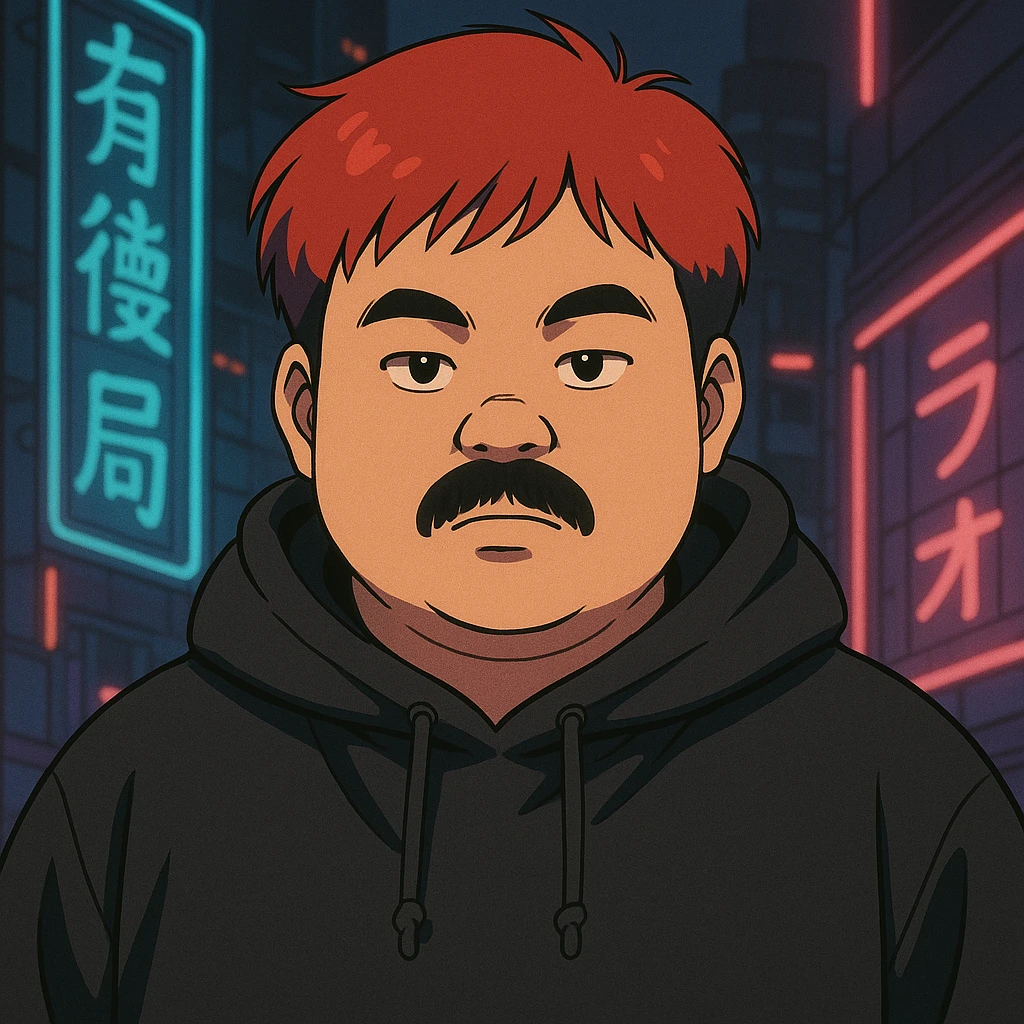 Asian man with a round face, black mustache, red hair, black hoodie, 90s Japanese anime style, soft shading, cyberpunk vibe emoji