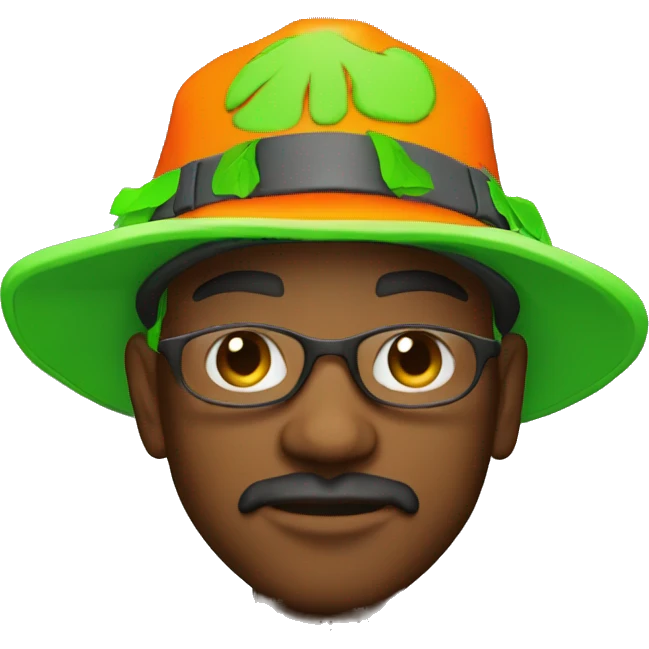 420 Young man Dave Lister wearing neon orange jacket and bucket hat 420 emoji