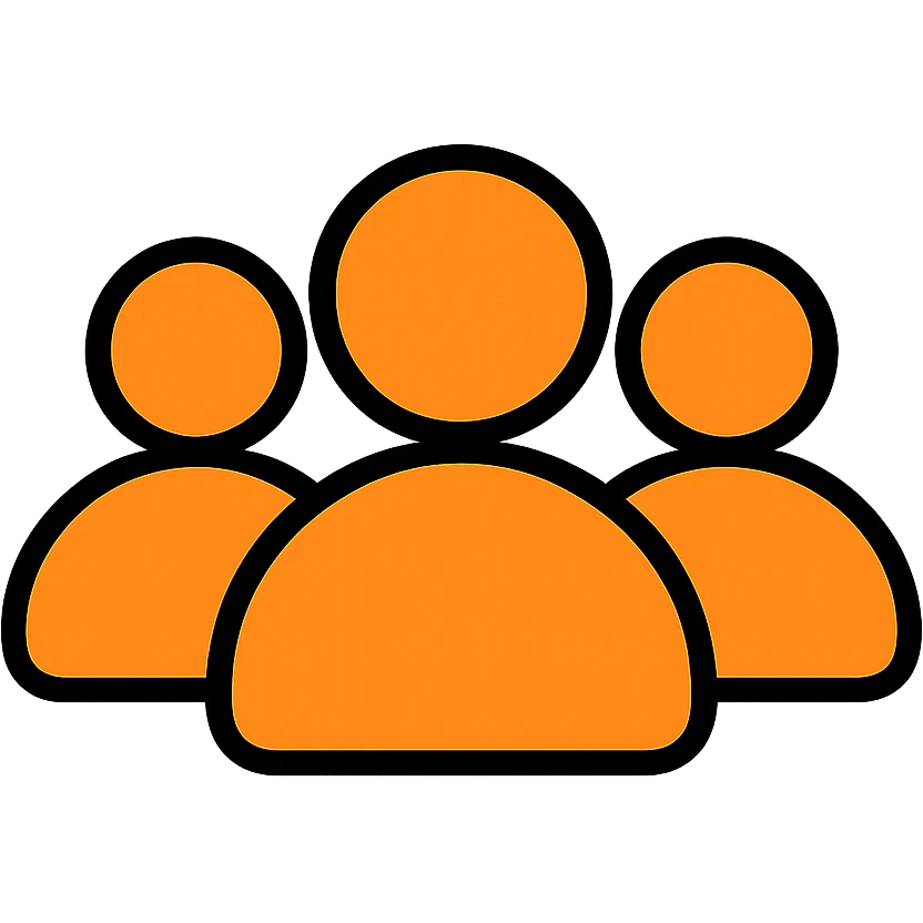 simple icon of a silhouette representing followers: three stylized people in a row, orange color #fe6601, transparent background emoji
