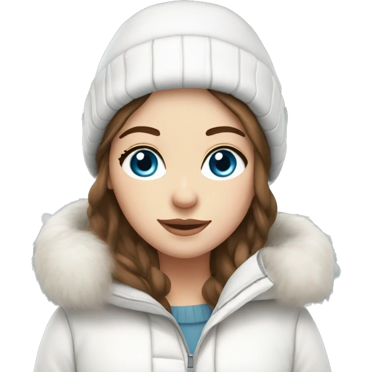 White girl with Brown hair blue eyes in white winter outfit emoji