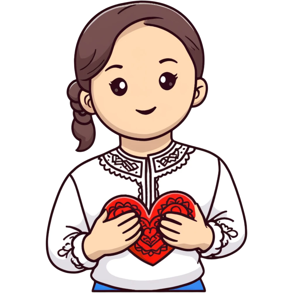 beautiful young girl in a white Ukrainian embroidered shirt clutching a large embroidered heart emoji