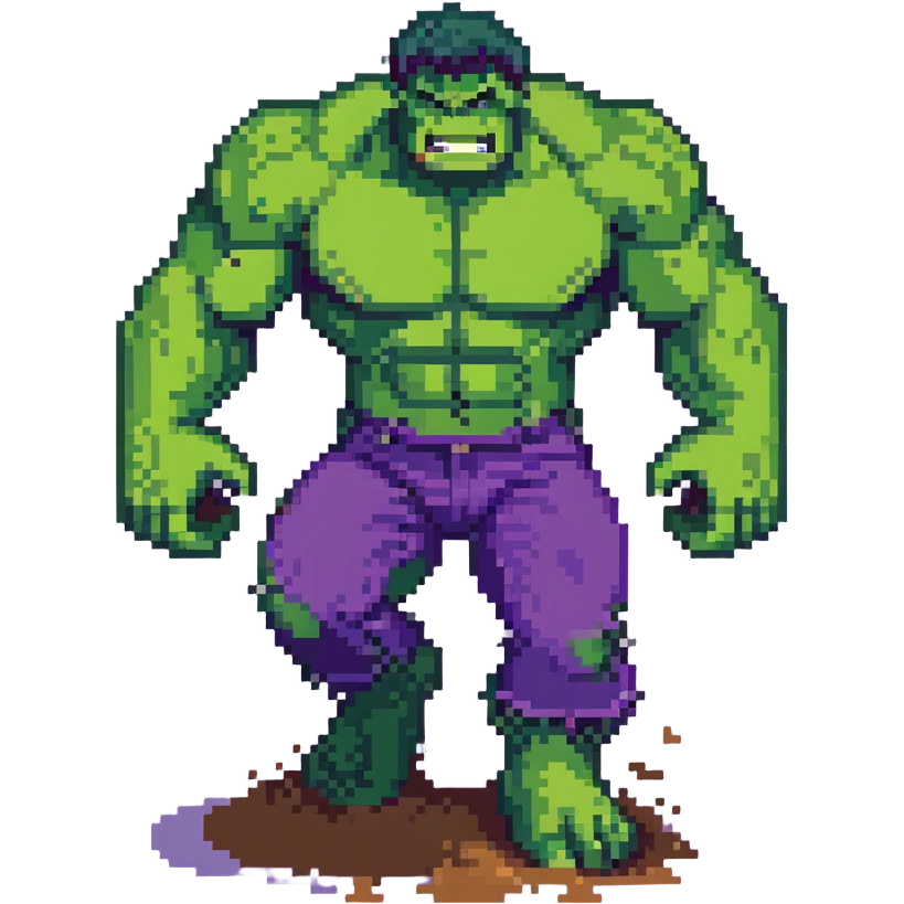 dynamic pose of Hulk from Marvel, smashing ground, green skin, purple pants emoji