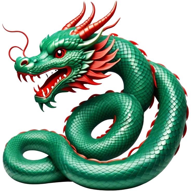 Cinematic Noble Chinese Serpent Dragon Portrait Emoji, Poised and majestic, with a sinuous, serpentine body adorned in intricately detailed scales of shimmering jade and soft vermilion, accented by delicate cloud motifs and subtle water ripple patterns; rendered with lifelike texture and gentle natural highlights, high shine, wise and enigmatic, styled with an aura of ancient dynastic grace, focused and regal, soft glowing outline, capturing the essence of a revered celestial dragon that appears ready to glide gracefully through the mists of time! emoji