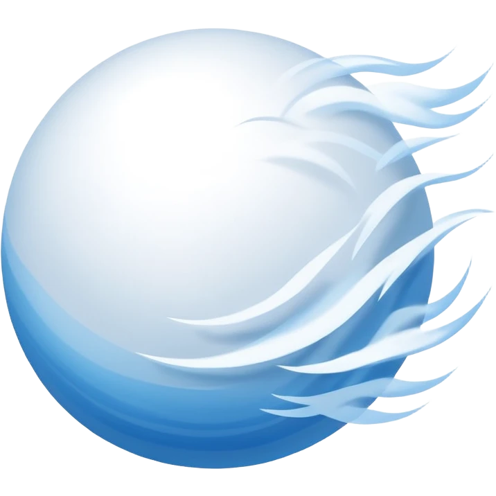 powdery snowball in flight trailing smooth white and blue wind streaks, soft and cold, minimal iOS emoji style, soft shadows, highlights emoji
