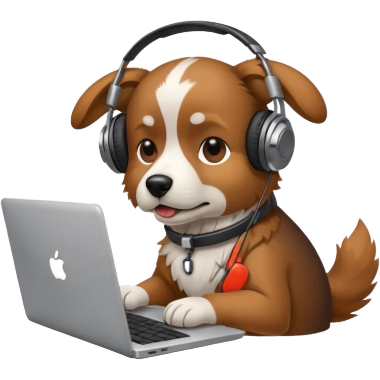 A dog with headphones on  a laptop emoji