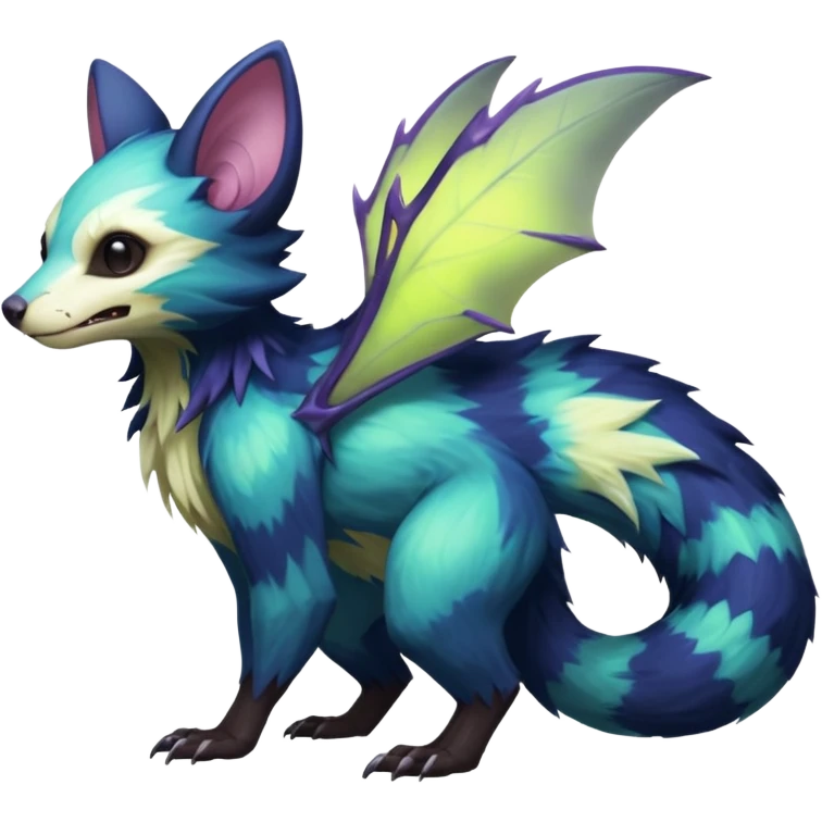 Realistic Sharp mossy elemental detailed Colorful translucent luminescent glowing Trico-Noibat-batty-Sergal-Furret-Ferret-Wolverine-Vernid-furry-fursona-fusion-Fakemon-animal-hybrid-creature, full body emoji