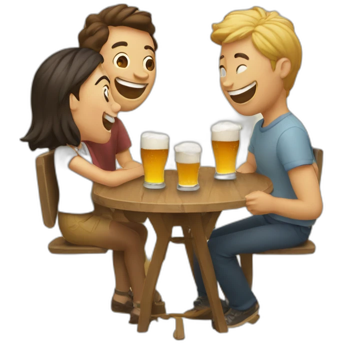 3 people laughing around a table with 3 small beers on it emoji
