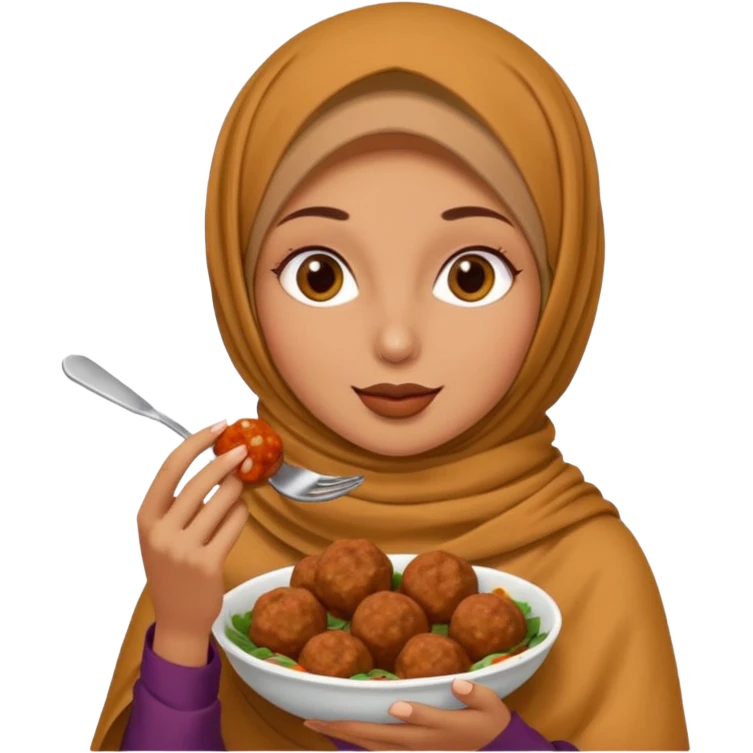 woman wearing a pashmina hijab eating meatballs emoji