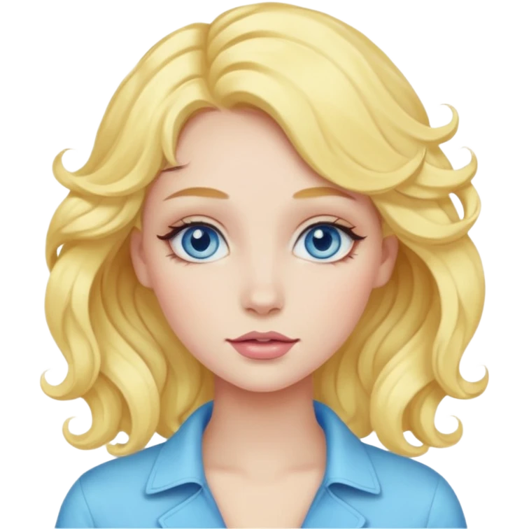 girl with blue eyes, pastel yellow wavy hair, bold glam makeup emoji