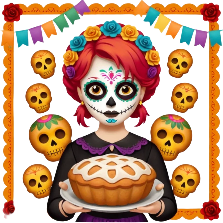 Día de muertos cabello rojo pan de muerto papel picado emoji
