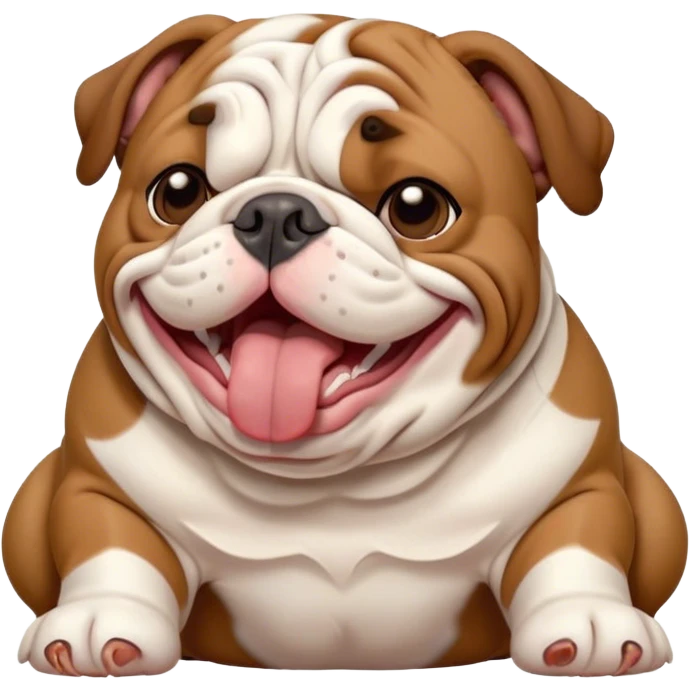 Cinematic Cute Yawning Brown and White English Bulldog Portrait Emoji, Head tilted slightly with a dramatic, wide-open yawn, showcasing a smooth brown and white coat with a defined pattern, floppy ears slightly drooping, round brown eyes barely open in drowsy contentment, Simplified yet irresistibly adorable features, highly detailed, glowing with a soft, cozy glow, high shine, relaxed yet expressive, stylized with a touch of whimsy, bright and endearing, soft glowing outline, capturing the essence of a sleepy yet affectionate guardian, so drowsy it feels like it could stretch out of the screen and curl up for a nap! emoji