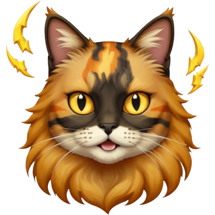 long hair tortoiseshell cat with a black face, white beard and yellow lightning mark above left eye emoji