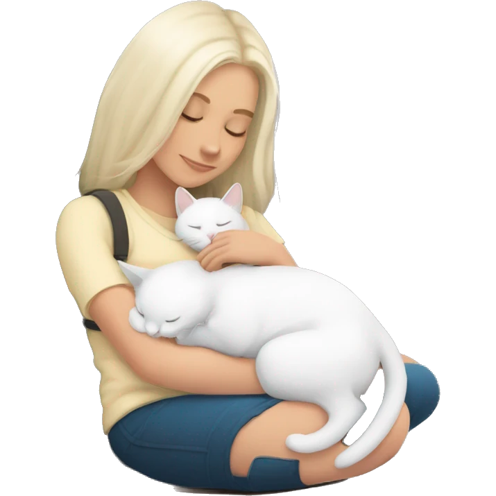 White kitty sleeping on brunette white girl's lap emoji