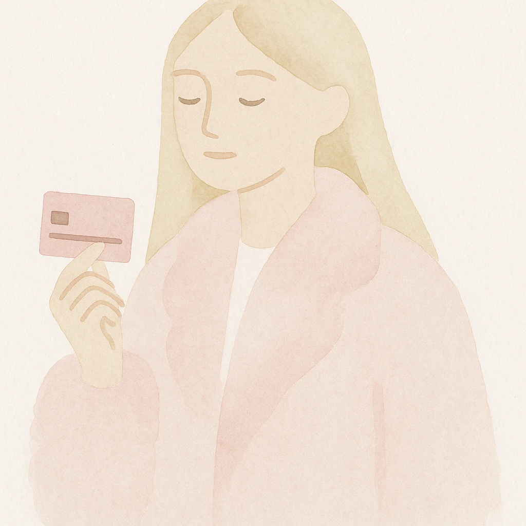 blonde girl with long hair, pink fur coat, holding a pink credit card, watercolor art style emoji