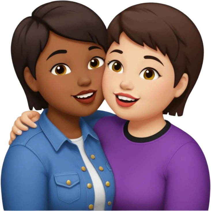 Chubby lesbian with medium dark hair kissing tall butch lesbian with huge teeth and short hair emoji