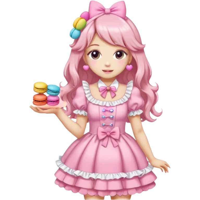 a cute character in a frilly pink hime gyaru dress holding a colorful macaron, emoji style emoji