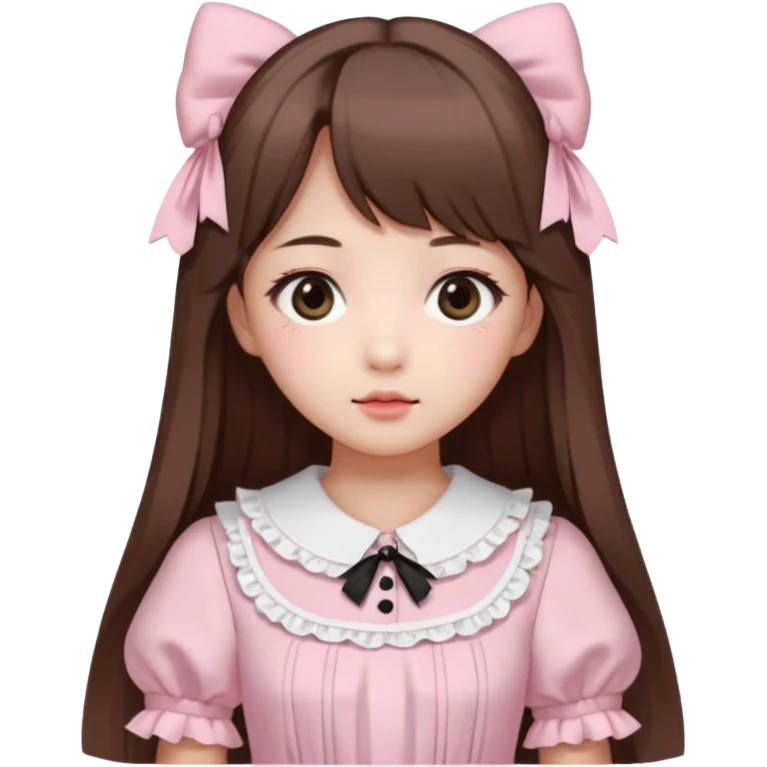 She has fair skin, is Korean, has long straight brown hair, slanted black eyes, with a very Kawaii baby pink lolita dress.  emoji