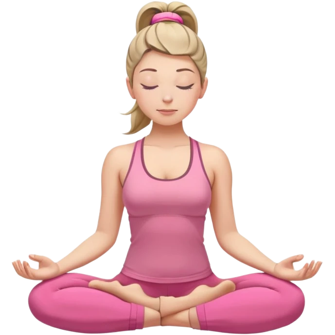 white woman with ponytail hairstyle in lotus position meditation yoga pose, closed eyes, relaxed face, wearing pink yoga outfit emoji