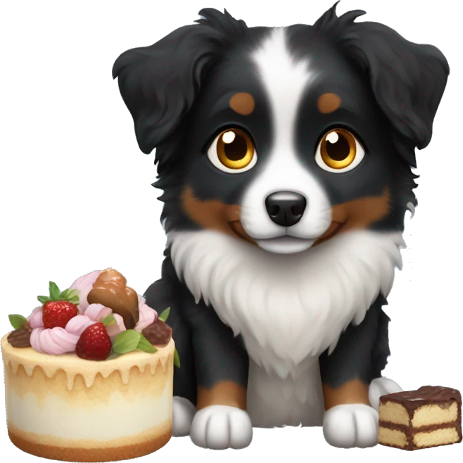 Small black australian shepherd dog with dessert  emoji