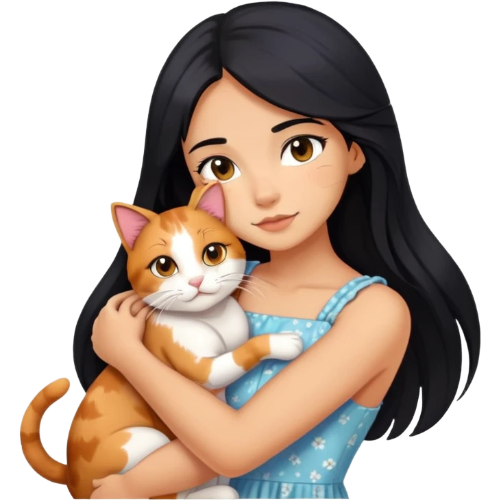 A beautiful girl with long black hair wearing a sun dress hugs a calico emoji