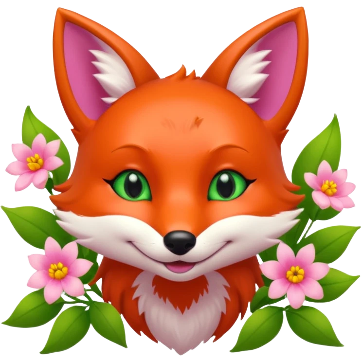 Smiling Pink Fox with green eyes and orange  flowers  emoji