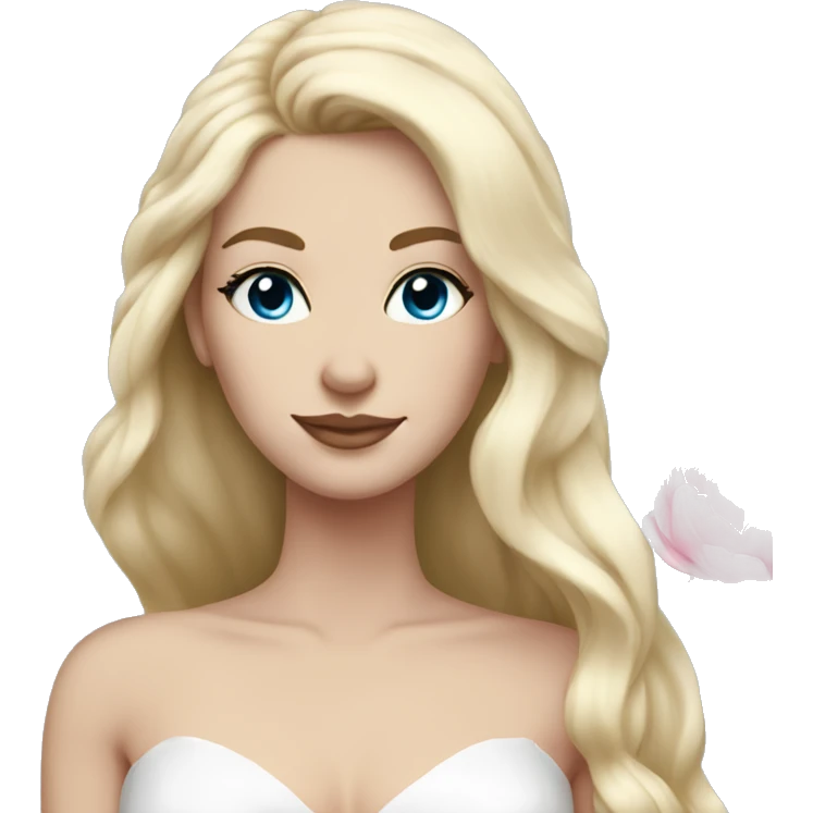 White bride with long light blonde hair and blue eyes with light pink peonies in hair white skin  emoji
