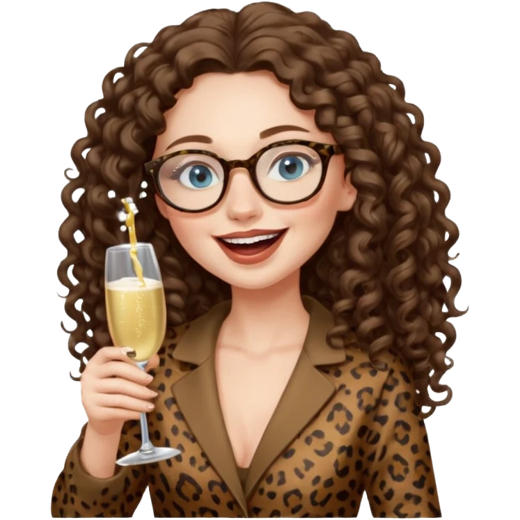 a blue eyed woman with very long brunette curly hair, full lips,and really pale skin. She is wearing a leopard printed thin round-ish glasses . She is wearing fully brown clothes. She is celebration sth with a bottle of champagne and laughing emoji