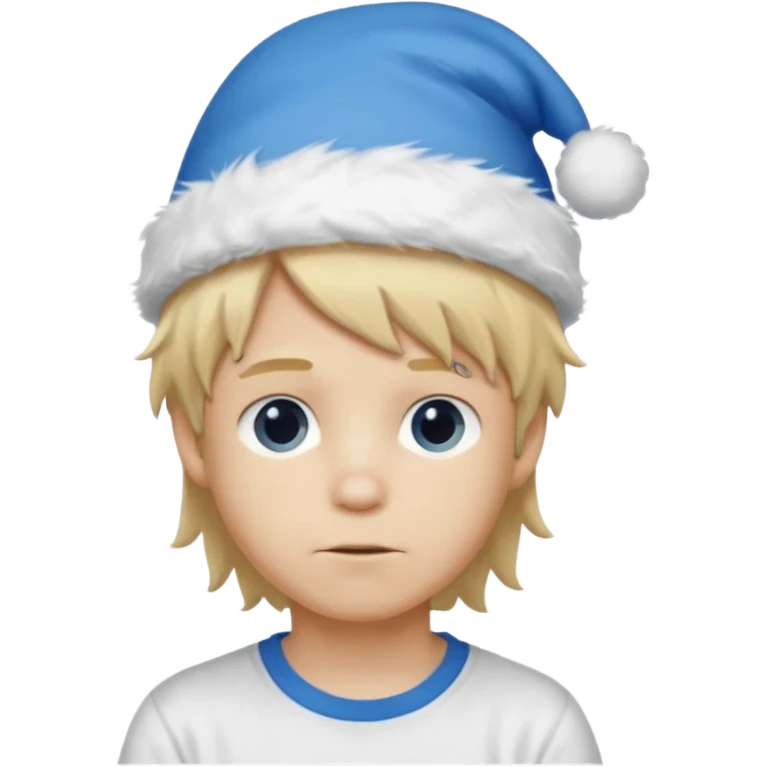 create boy blonde hair long messy, light eyes, white t shirt, rich, long hair, eyes blue, acessory head cristimas blue hat, fluffy hair medium long hair emoji