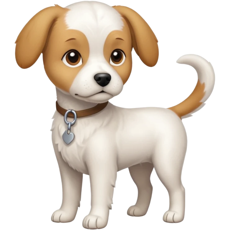 a full body white beagle x maltese x chi dog the size of a kelpie with light brown ears and a light brown patch on one eye emoji